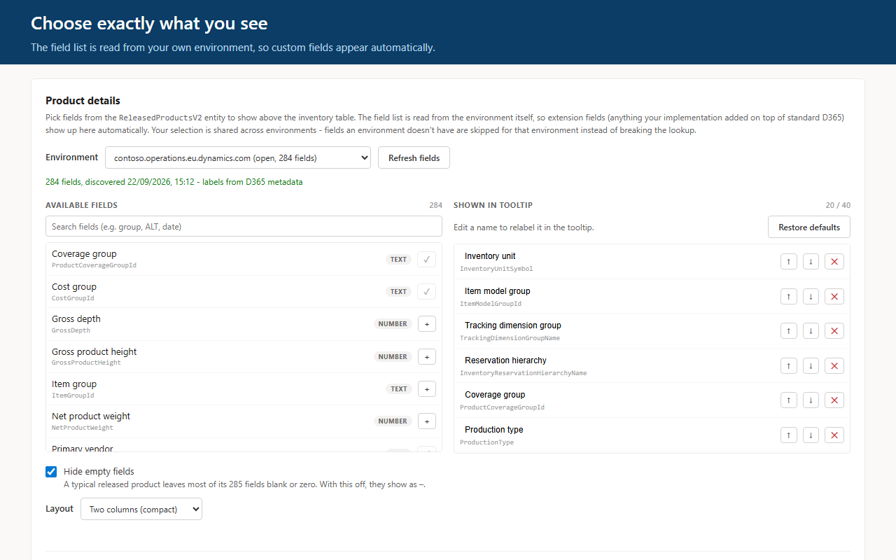 The settings page where product fields are picked, reordered and relabelled.
