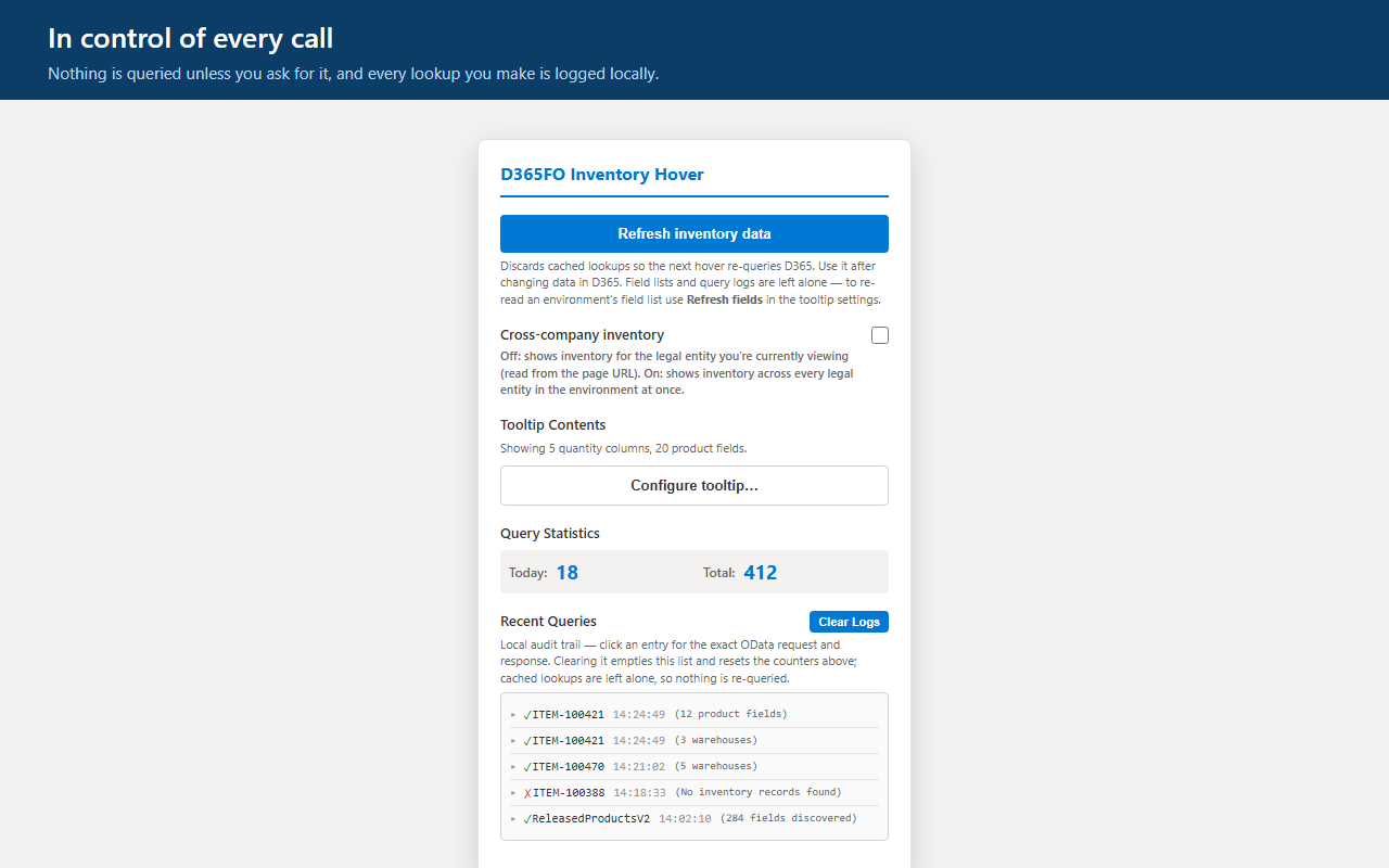 The toolbar popup with a log of every request the extension made.